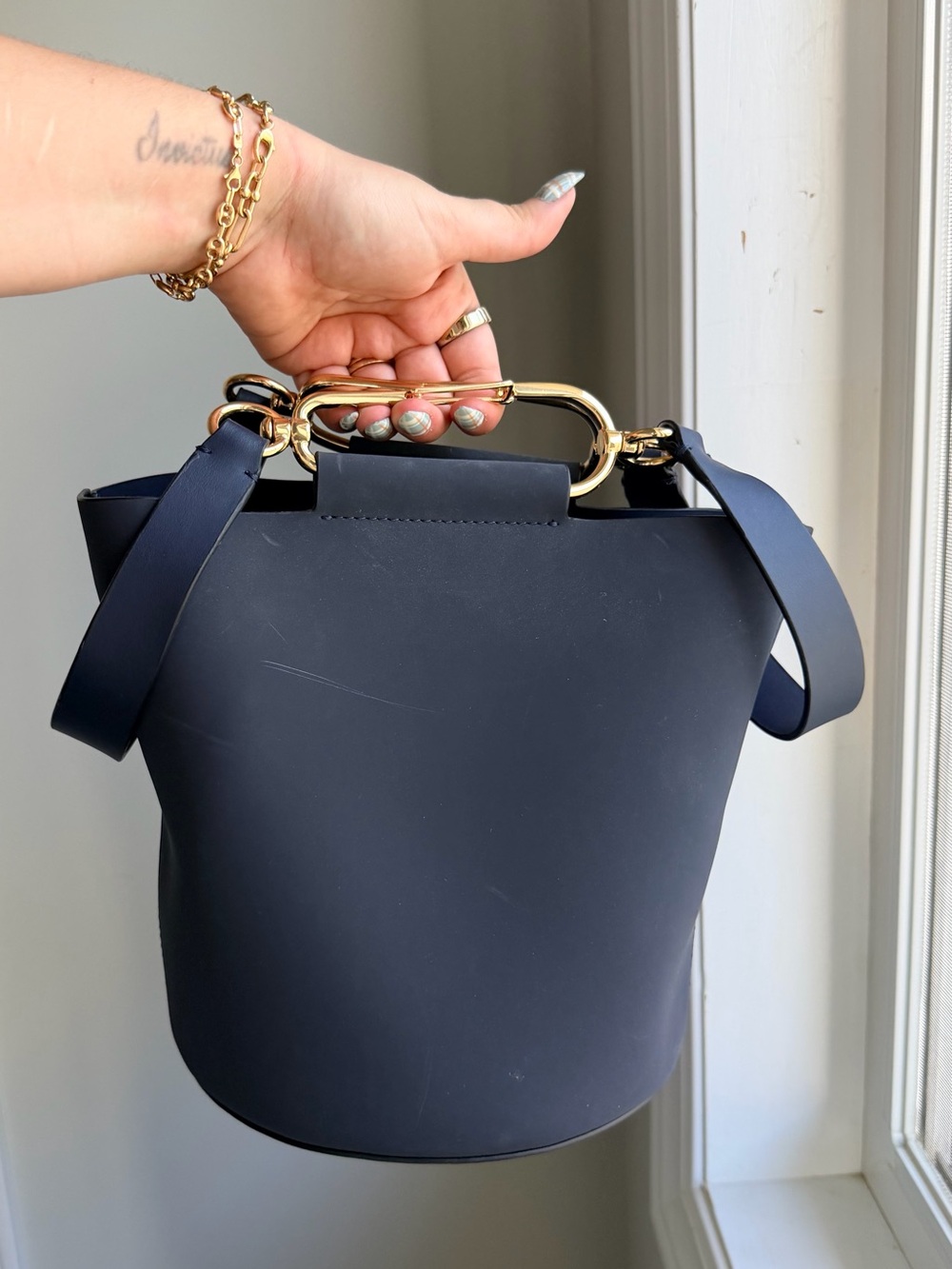 Classic Zac Posen Navy Bucket Handbag with Gold Hardware